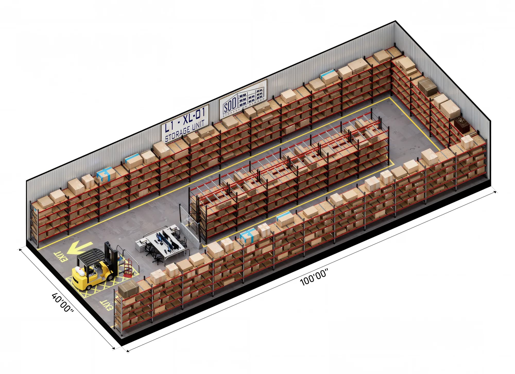 Cutaway view of an X-Large 40 by 100 foot managed storage space, racked and loaded